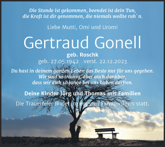 Traueranzeige von Gertraud Gonell von Trauerkombi Weißenfels