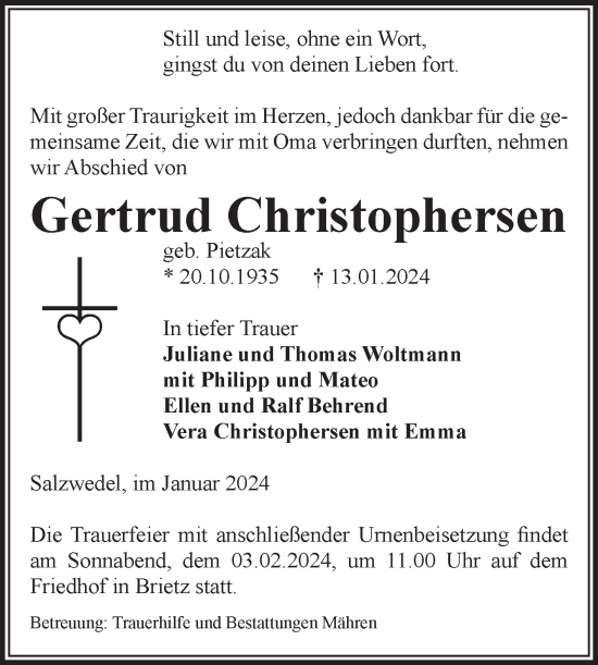 Traueranzeige von Gertrud Christophersen von Volksstimme Altmark West