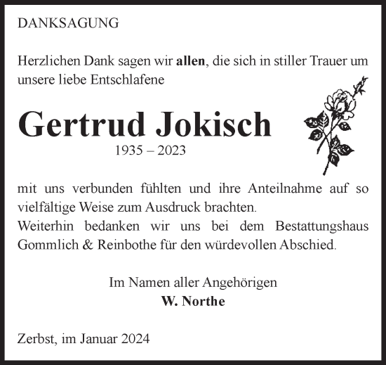 Traueranzeige von Gertrud Jokisch von Volksstimme Zerbst