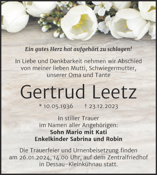 Traueranzeige von Gertrud Leetz von Trauerkombi Dessau