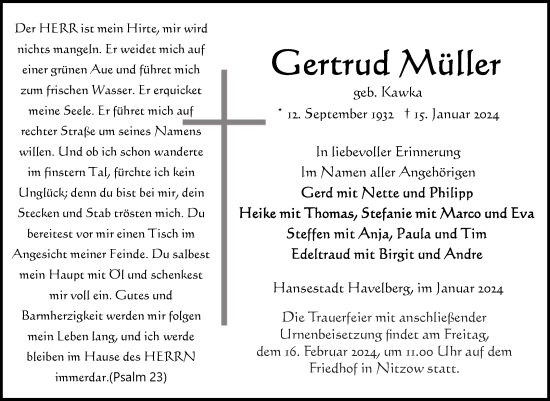 Traueranzeige von Gertrud Müller von Volksstimme Altmark Ost