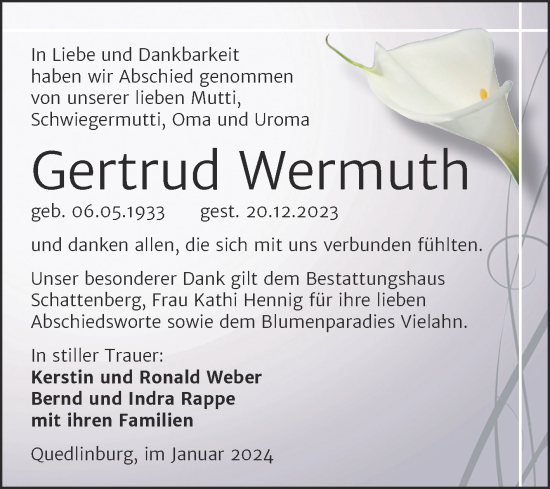 Traueranzeige von Gertrud Wermuth von Trauerkombi Quedlinburg
