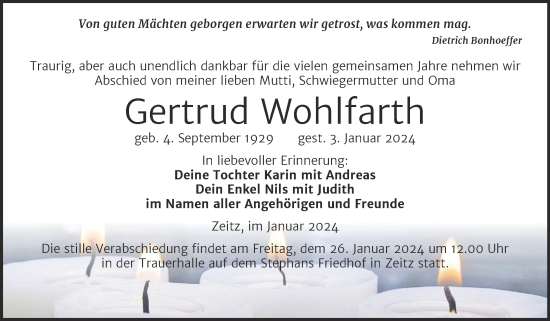 Traueranzeige von Gertrud Wohlfarth von Trauerkombi Zeitz