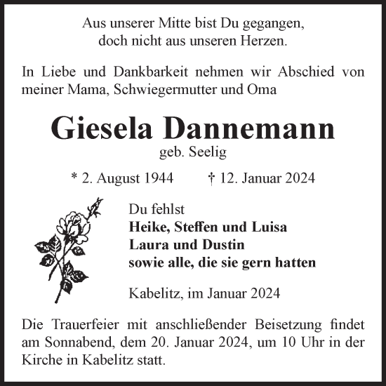 Traueranzeige von Giesela Dannemann von Volksstimme Altmark Ost