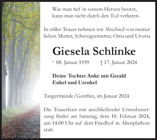 Traueranzeige von Giesela Schlinke von Volksstimme Burg/Genthin