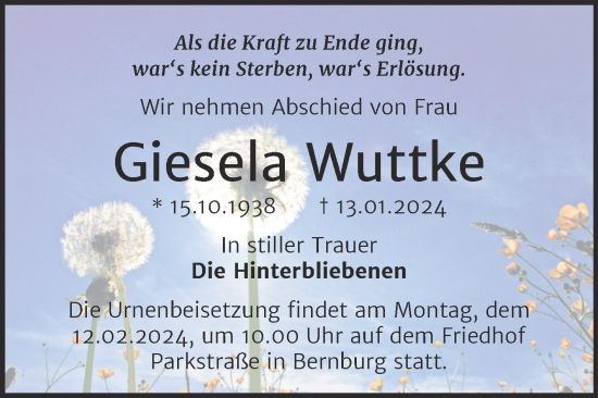 Traueranzeige von Giesela Wuttke von Trauerkombi Bernburg