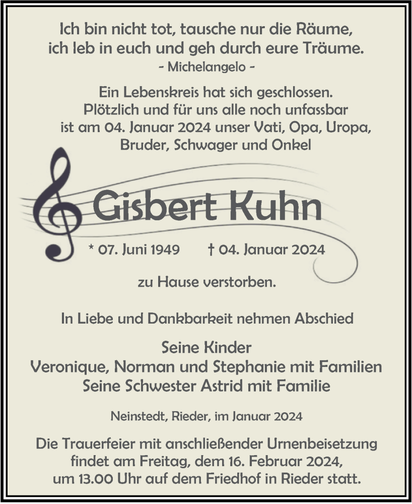  Traueranzeige für Gisbert Kuhn vom 13.01.2024 aus Trauerkombi Quedlinburg