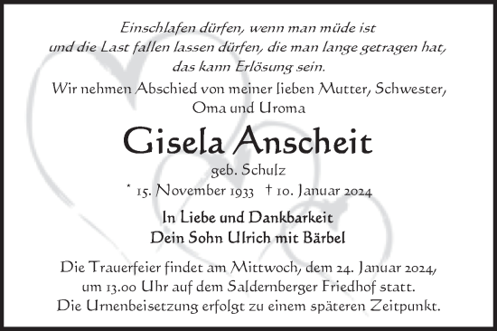 Traueranzeige von Gisela Anscheit von Volksstimme Altmark Ost