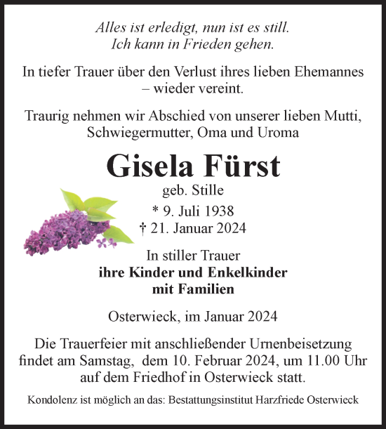 Traueranzeige von Gisela Fürst von Volksstimme Halberstadt