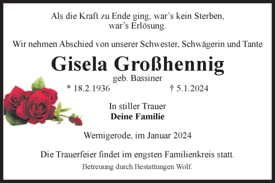 Traueranzeige von Gisela Großhennig von Volksstimme Wernigerode