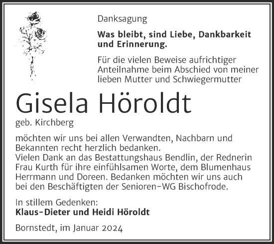Traueranzeige von Gisela Höroldt von Trauerkombi Mansfelder Land