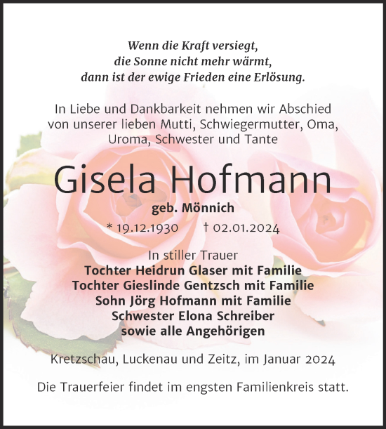 Traueranzeige von Gisela Hofmann von Trauerkombi Zeitz
