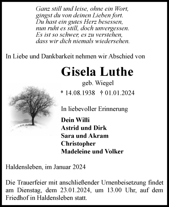 Traueranzeige von Gisela Luthe von Volksstimme Haldensleben/Wolmirstedt
