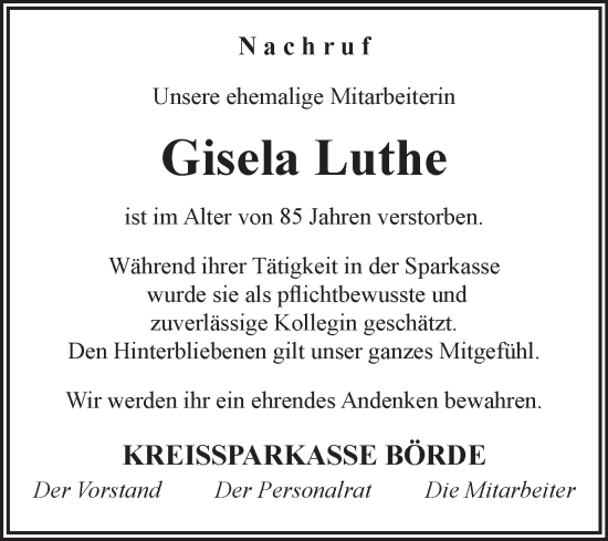 Traueranzeige von Gisela Luthe von Volksstimme Haldensleben/Wolmirstedt