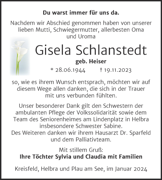 Traueranzeige von Gisela Schlanstedt von Trauerkombi Mansfelder Land