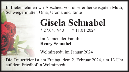 Traueranzeige von Gisela Schnabel von Volksstimme Haldensleben/Wolmirstedt