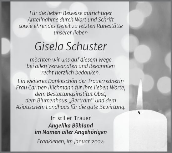 Traueranzeige von Gisela Schuster von Trauerkombi Merseburg