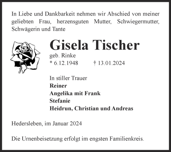 Traueranzeige von Gisela Tischer von Trauerkombi Quedlinburg
