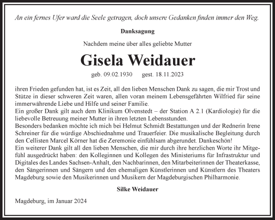 Traueranzeige von Gisela Weidauer von Volksstimme Magdeburg