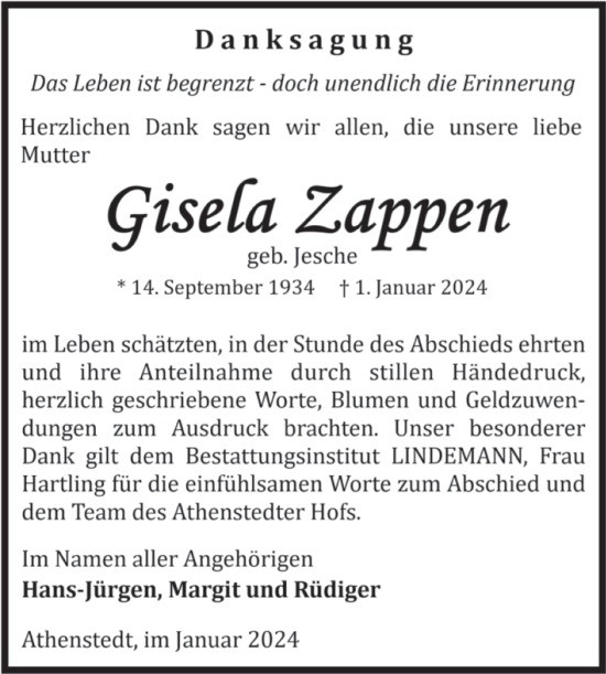 Traueranzeige von Gisela Zappen von Volksstimme Halberstadt