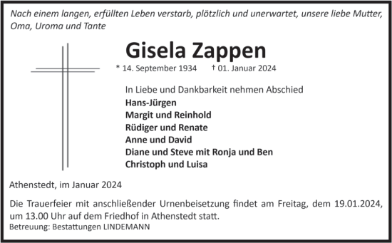 Traueranzeige von Gisela Zappen von Volksstimme Halberstadt
