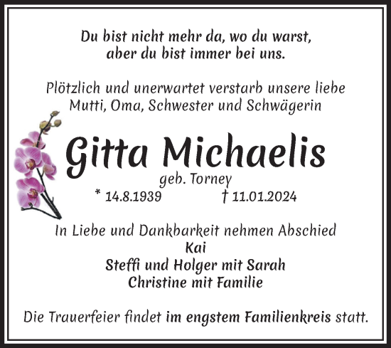 Traueranzeige von Gitta Michaelis von Volksstimme Magdeburg