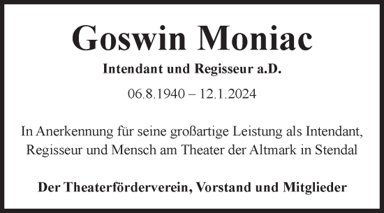 Traueranzeige von Goswin Moniac 