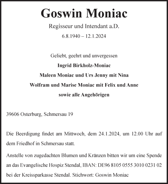 Traueranzeige von Goswin Moniac von Volksstimme Altmark Ost