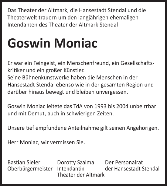 Traueranzeige von Goswin Moniac 