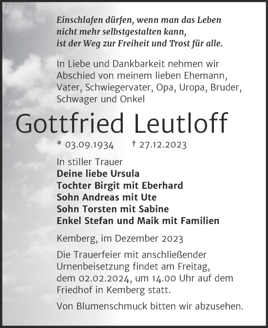 Traueranzeige von Gottfried Leutloff von Trauerkombi Wittenberg