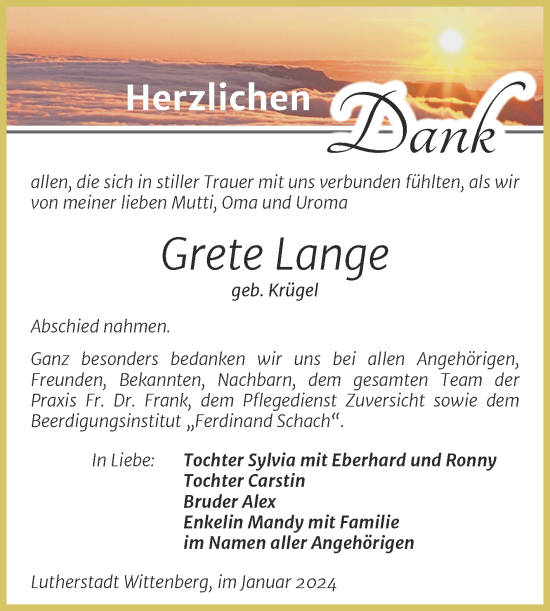 Traueranzeige von Grete Lange von Trauerkombi Wittenberg