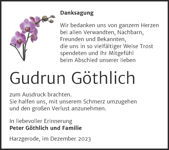 Traueranzeige von Gudrun Göthlich von Trauerkombi Quedlinburg