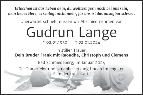Traueranzeige von Gudrun Lange von Trauerkombi Wittenberg