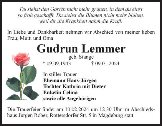 Traueranzeige von Gudrun Lemmer von Volksstimme Magdeburg