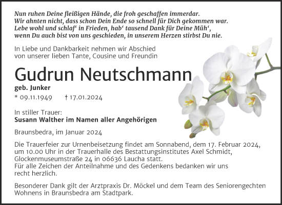 Traueranzeige von Gudrun Neutschmann von Trauerkombi Merseburg