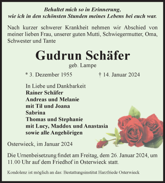 Traueranzeige von Gudrun Schäfer von Volksstimme Halberstadt