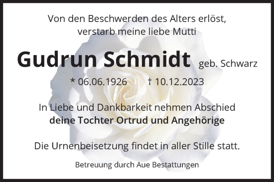 Traueranzeige von Gudrun Schmidt von Volksstimme Magdeburg