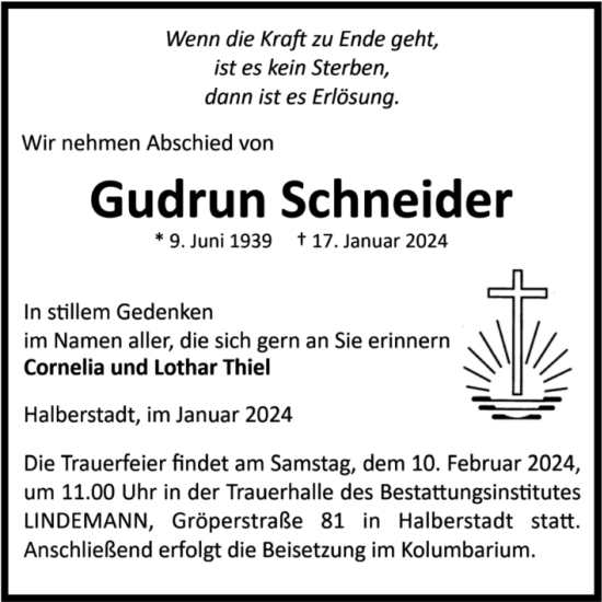 Traueranzeige von Gudrun Schneider von Volksstimme Halberstadt