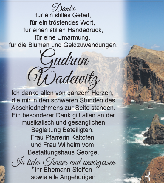 Traueranzeige von Gudrun Wadewitz von Trauerkombi Zeitz