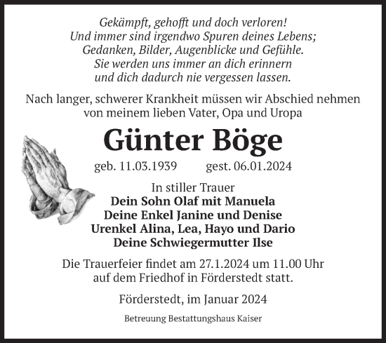 Traueranzeige von Günter Böge von Volksstimme Staßfurt