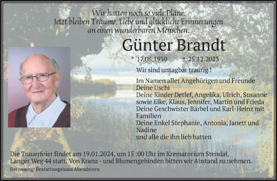 Traueranzeige von Günter Bran von Volksstimme Altmark Ost