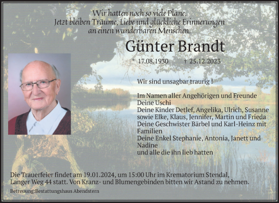 Traueranzeige von Günter Brand von Volksstimme Burg/Genthin
