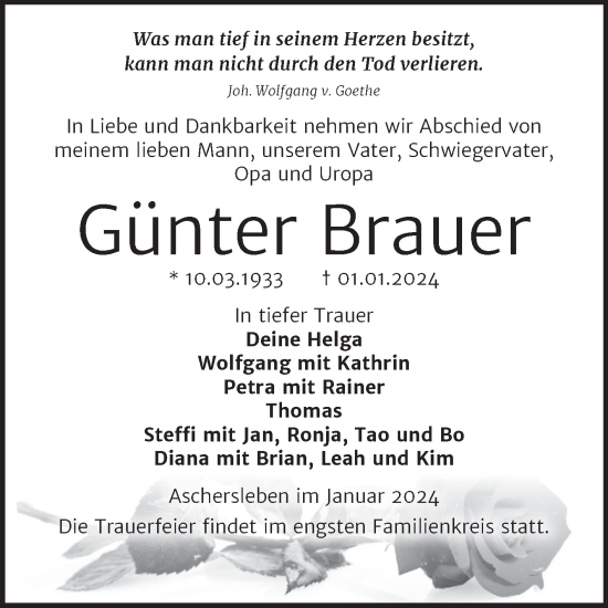 Traueranzeige von Günter Brauer von Trauerkombi Aschersleben
