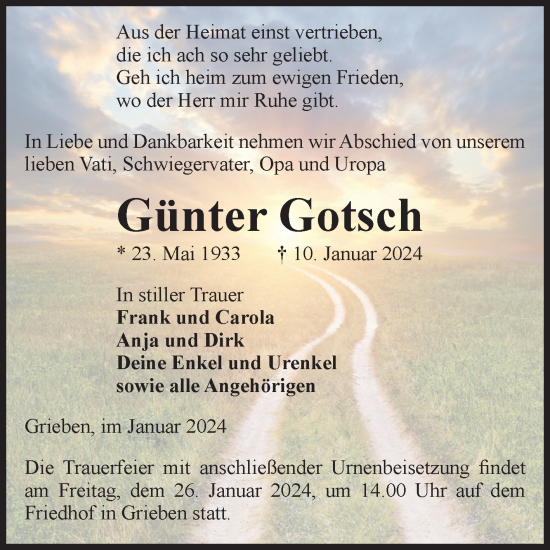 Traueranzeige von Günter Gotsch von Volksstimme Altmark Ost