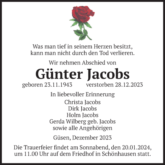 Traueranzeige von Günter Jacobs von Volksstimme Altmark Ost