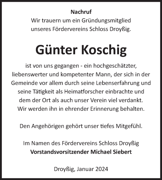 Traueranzeige von Günter Koschig von Trauerkombi Zeitz