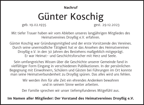 Traueranzeige von Günter Koschig von Trauerkombi Zeitz