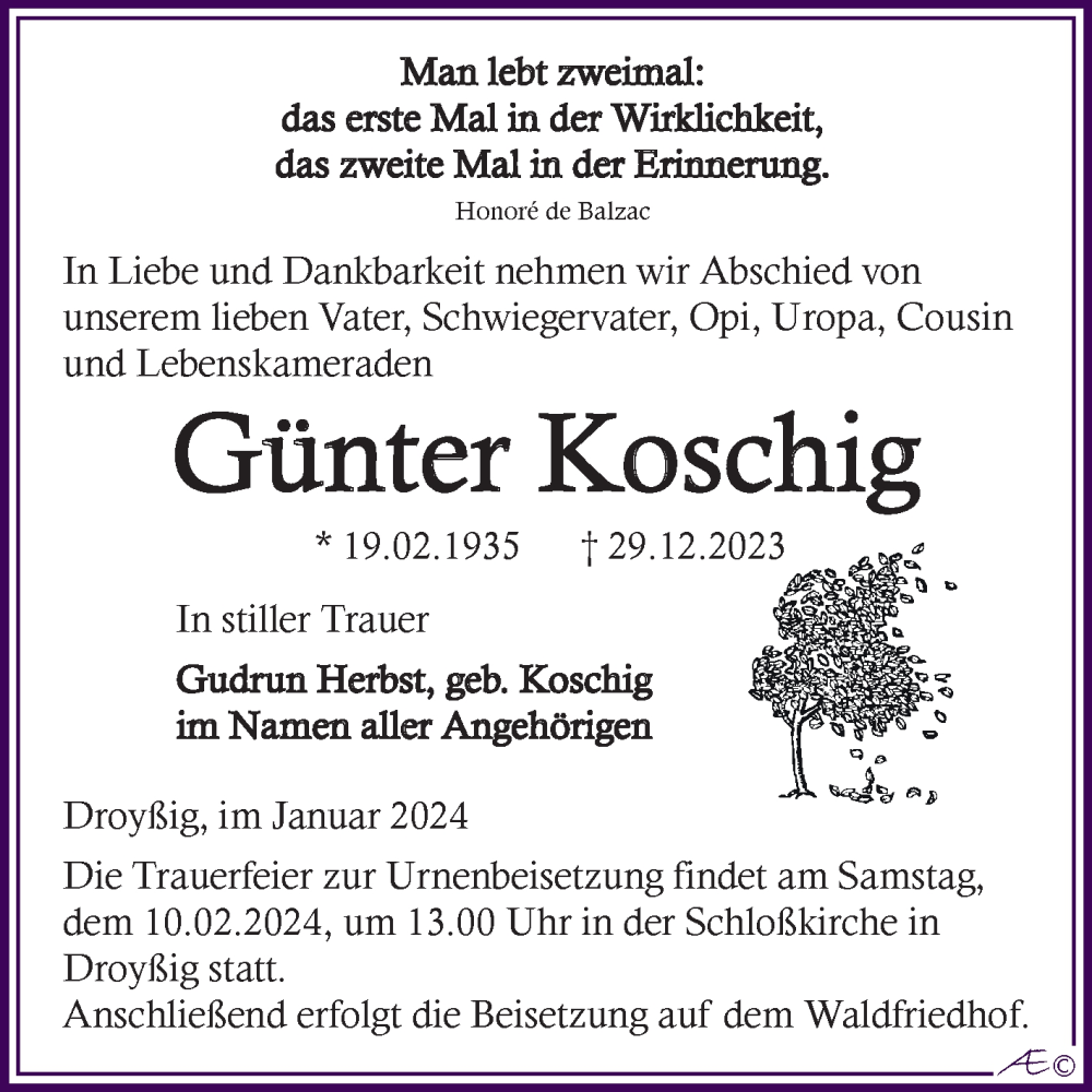  Traueranzeige für Günter Koschig vom 13.01.2024 aus Trauerkombi Merseburg
