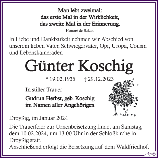 Traueranzeige von Günter Koschig von Trauerkombi Merseburg
