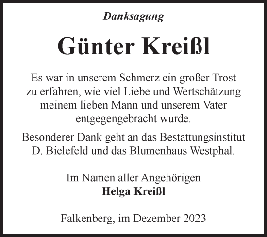Traueranzeige von Günter Kreißl von Volksstimme Altmark Ost